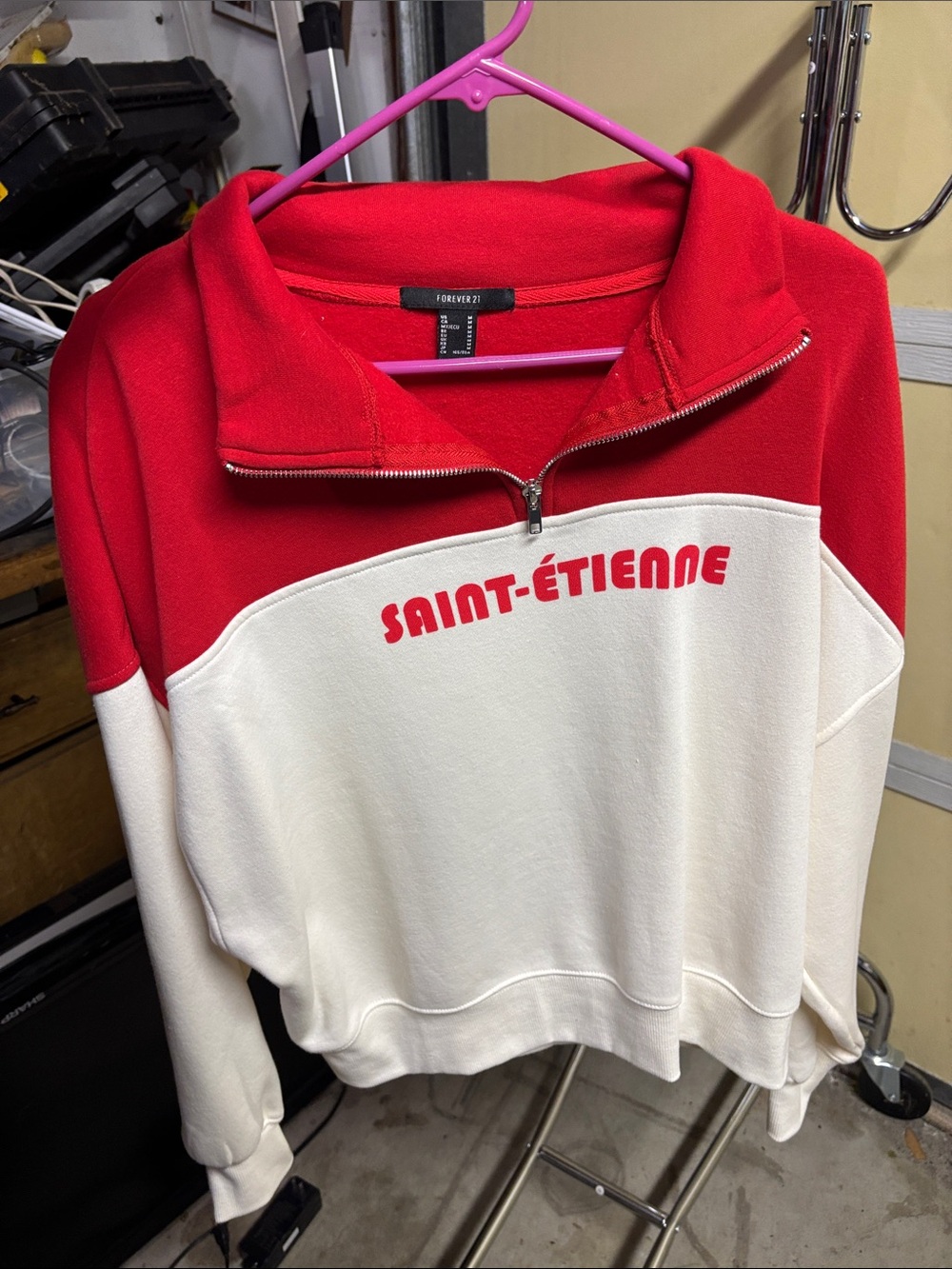 Forever 21 Red & White Half-Zip 'Saint-Étienne' Sweatshirt